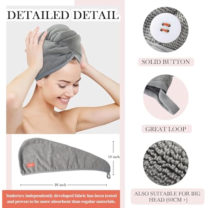 YoulerTex Microfiber Hair Towel Wrap - 2Pack Hair Head Drying Turban Curly Fast Absorbent Dry Anti Frizz Twist Plopping Long Shower Turban for Women with Button(Haze Blue) - Image 3